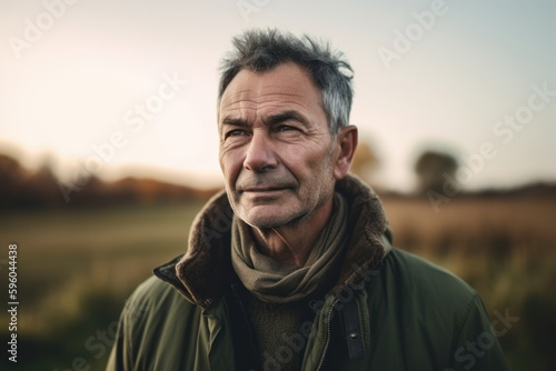 Portrait of a senior man with gray hair in the countryside.
