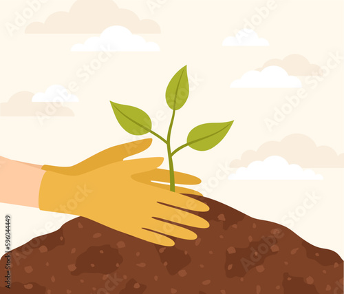 Hands in yellow rubber gloves planting a seedling in the ground. Vector illustration in flat style
