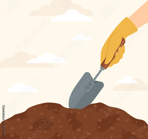 A hand in a yellow rubber glove with a shovel digging a hole in the ground. Flat vector illustration