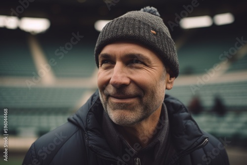 Portrait of a smiling middle-aged man in a hat and jacket on the background of the stadium © Robert MEYNER