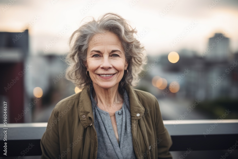 Portrait of smiling senior woman standing on balcony in the city. Portrait of smiling senior woman standing on balcony in the city.