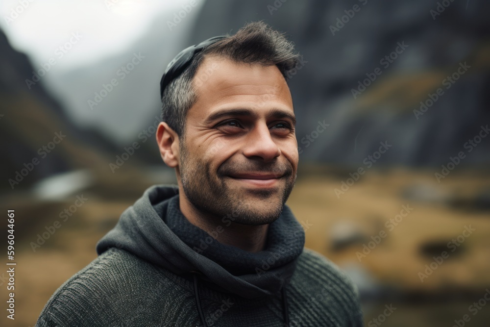 Portrait of a handsome smiling man standing in the mountains on a rainy day Portrait of a handsome smiling man standing in the mountains on a rainy day
