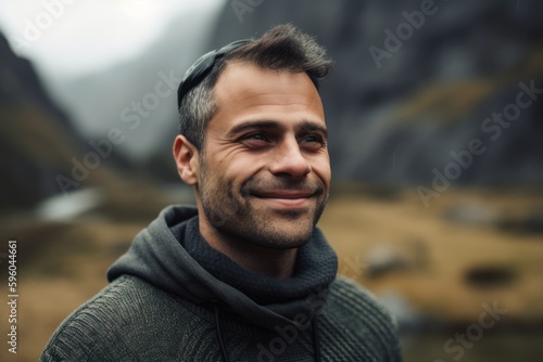 Portrait of a handsome smiling man standing in the mountains on a rainy day