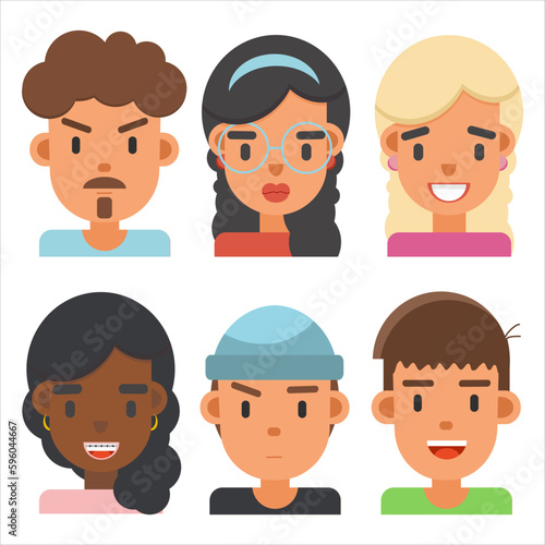 Cartoon avatars of young women and men in modern flat design style. illustration isolated on white background.