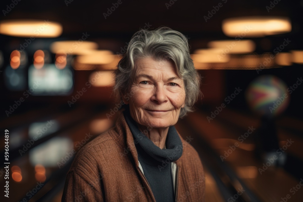 Portrait of a senior woman in a bowling club. Looking at camera.