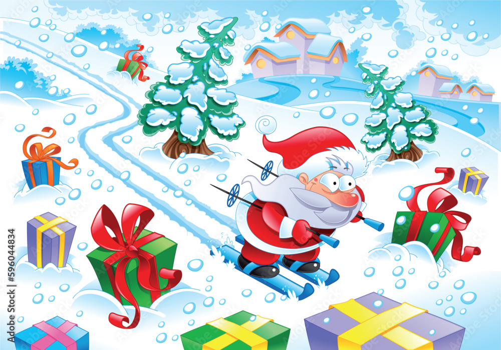 Fototapeta premium Santa Claus in the snow - funny cartoon and vector christmas scene.