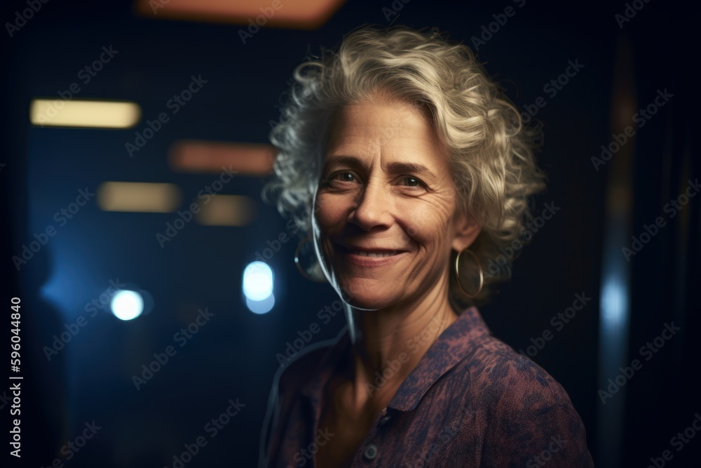 Portrait of beautiful senior woman smiling at camera in a dark room