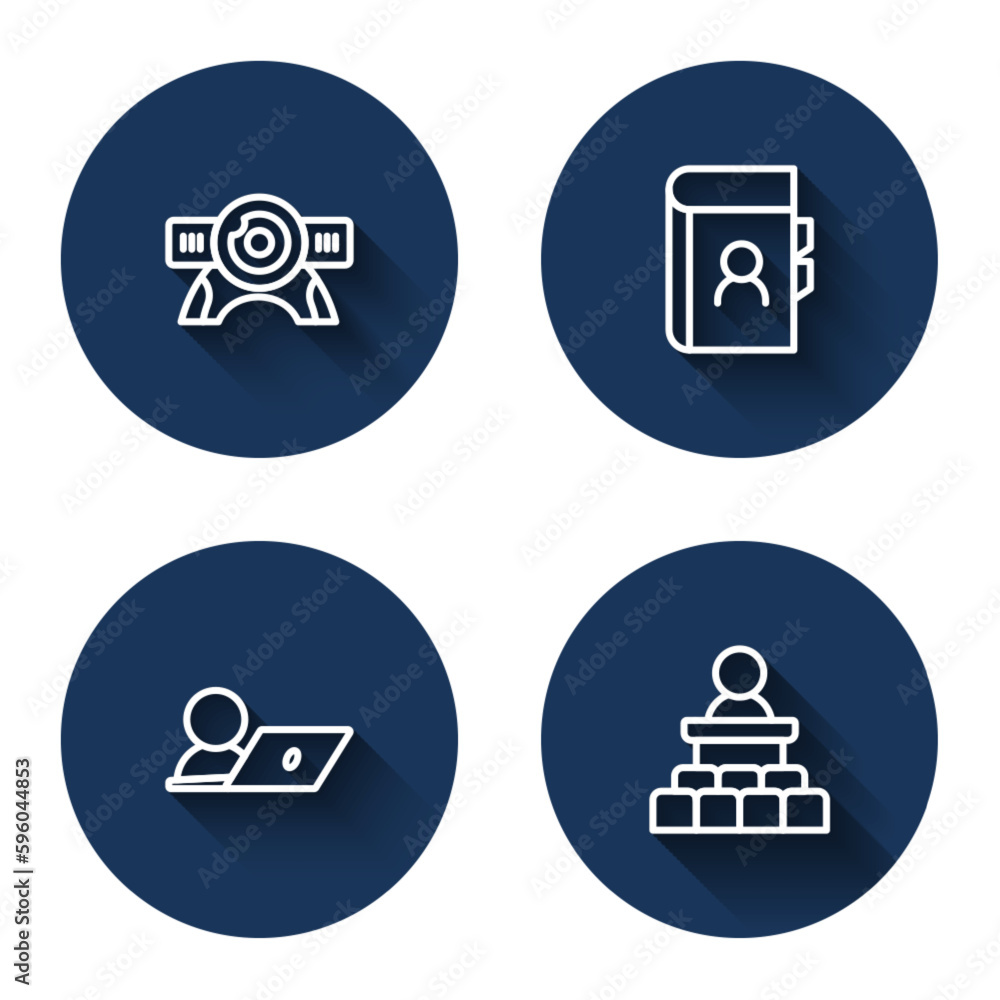 Set line Web camera, Phone book, Video chat conference and Speaker with long shadow. Blue circle button. Vector Set line Web camera, Phone book, Video chat conference and Speaker with long shadow. Blue circle button. Vector