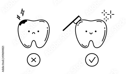 Cute little teeth. Dentistry, orthodontics outline icons. Thin line vector icons of tooth services, dentistry, orthodontics, oral health care and hygiene