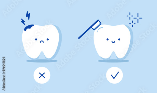 Cute teeth characters. Dental care concept. Healthy and clean tooth with a smile. Sad sick tooth with caries and microbes. Vector illustration of orthodontics, dentistry. Children's drawing