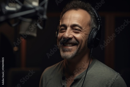 Portrait of a happy man with headphones listening to music and singing