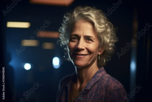 Portrait of beautiful senior woman smiling at camera in a dark room