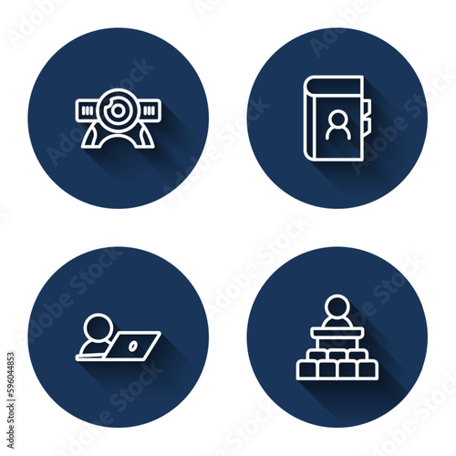 Set line Web camera, Phone book, Video chat conference and Speaker with long shadow. Blue circle button. Vector