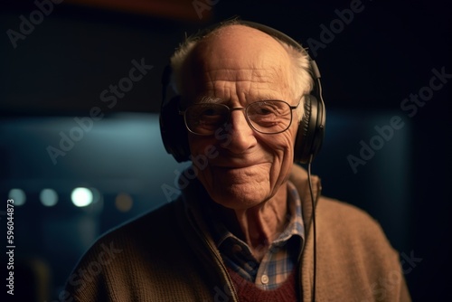 Portrait of an elderly man listening to music with headphones at home