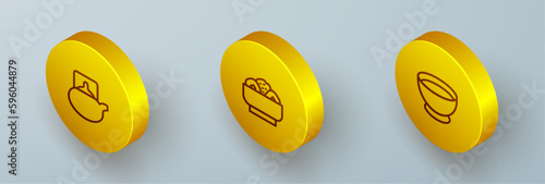 Set Isometric line Traditional tea ceremony, Chow mein plate and Soy sauce bowl icon. Vector