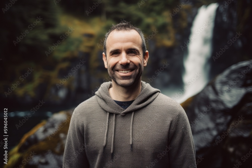 Portrait of a smiling man in front of a waterfall in Norway Portrait of a smiling man in front of a waterfall in Norway