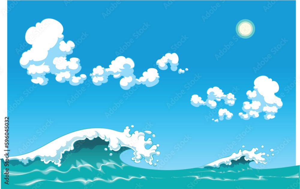 Summer wave, vector and cartoon seascape