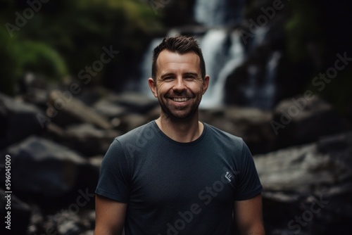 Portrait Of Happy Man Smiling To Camera Against Waterfall Background