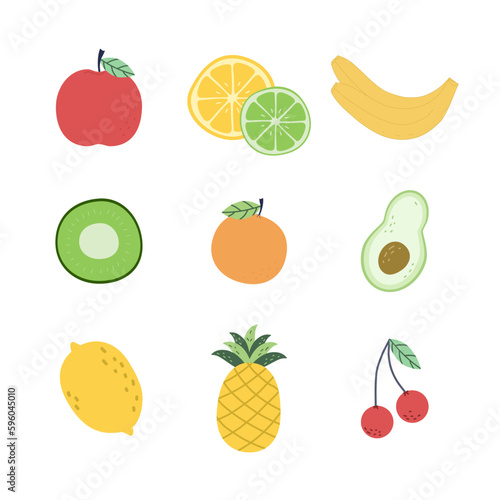 Natural doodle fruits are tropical. Vegetarian food. A set of vector isolated icons