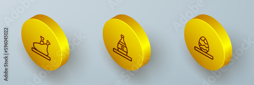 Set Isometric line Roasted turkey or chicken, Bottle of sake and Chinese tea egg icon. Vector