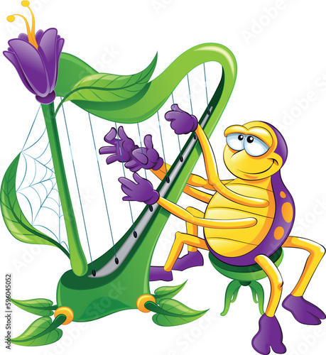 Spider with harp, funny vector and cartoon musical character