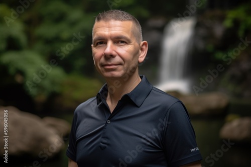 Portrait of a handsome mature man standing in front of a waterfall