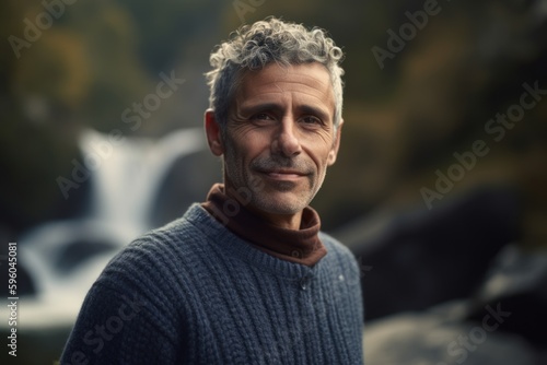 Portrait of a handsome middle-aged man with grey hair, wearing a blue sweater.