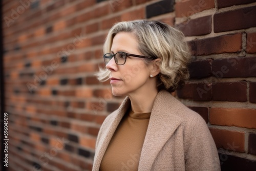 Portrait of a beautiful young woman in eyeglasses against brick wall