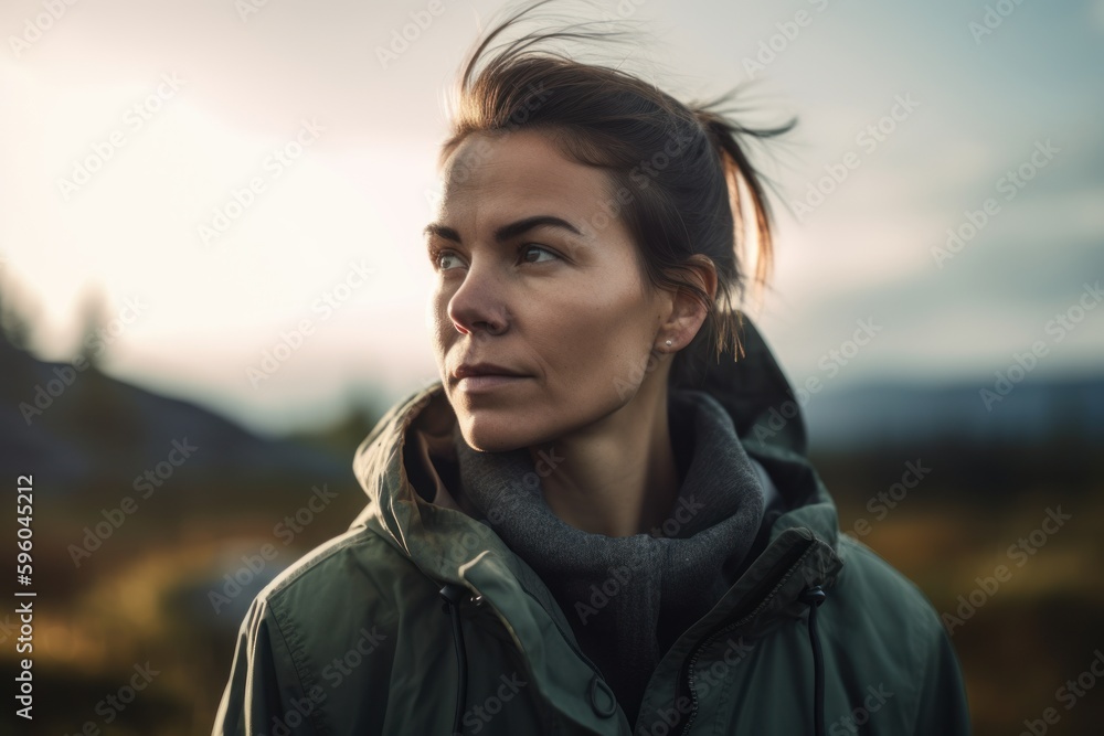 Portrait of a beautiful young woman in a green jacket in the mountains Portrait of a beautiful young woman in a green jacket in the mountains