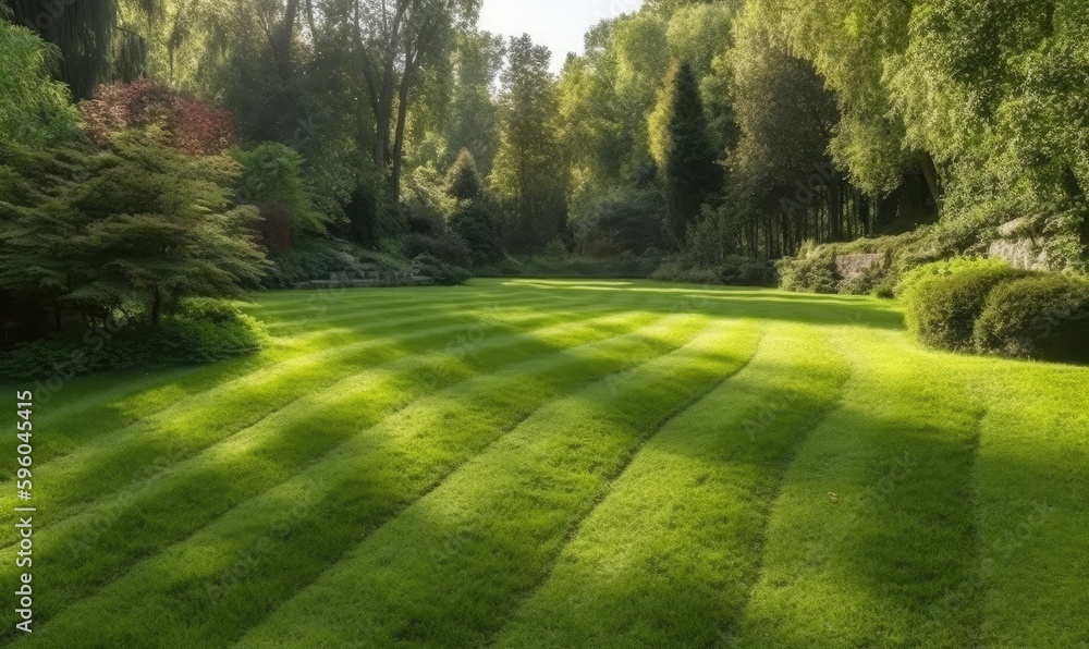 Green mowed lawn in a large garden or in a park, plant care in parks, Landscaping, generative AI