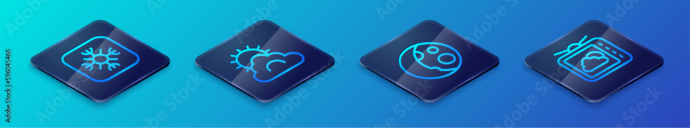 Set Isometric line Moon phases, Snowflake, Weather forecast and Sun and cloud weather icon. Vector Set Isometric line Moon phases, Snowflake, Weather forecast and Sun and cloud weather icon. Vector