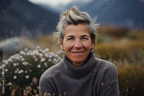 Portrait of a beautiful middle-aged woman with short hair in the mountains