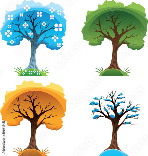 Season trees, cartoon and vector illustration
