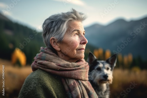 Portrait of a senior woman with her dog in the mountains. © Robert MEYNER