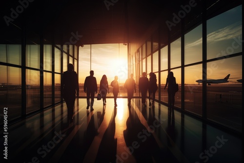 family silhouette walking through airport at sunset Generative AI