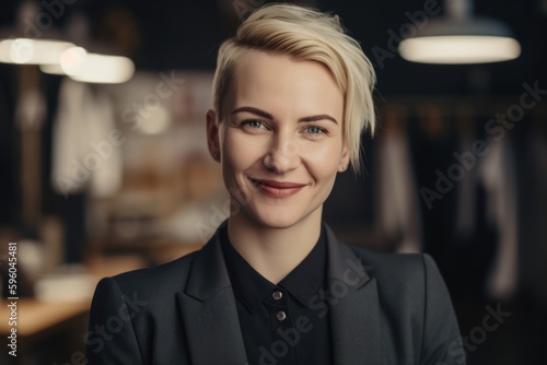 portrait of young businesswoman in suit smiling at camera in cafe