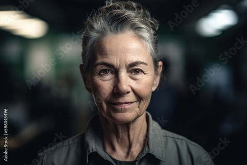 Portrait of a senior woman with grey hair in a gym.