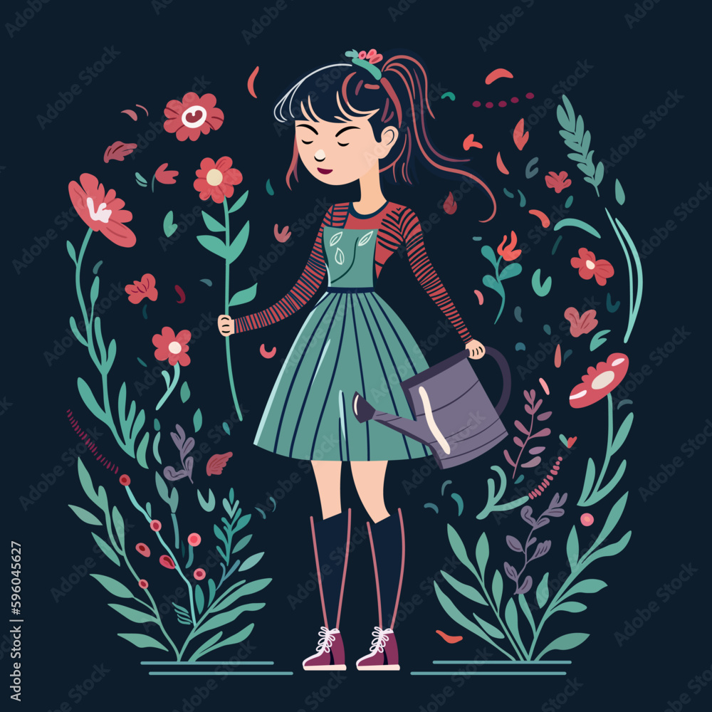 A vector image of a girl walking through a garden, holding a flower in one hand and a watering can in the other. The girl is dressed in a dress and the image is set against a dark background. A vector image of a girl walking through a garden, holding a flower in one hand and a watering can in the other. The girl is dressed in a dress and the image is set against a dark background.