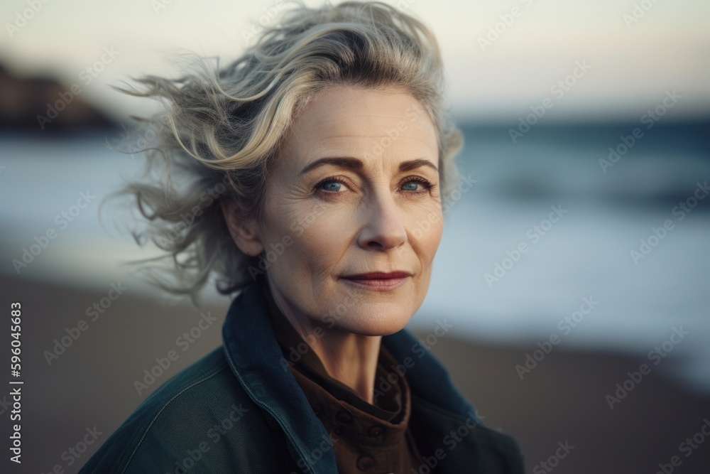 Portrait of a senior woman standing on the beach at sunset. Portrait of a senior woman standing on the beach at sunset.