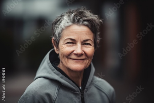 Portrait of a smiling senior woman with grey hair in the city © Robert MEYNER