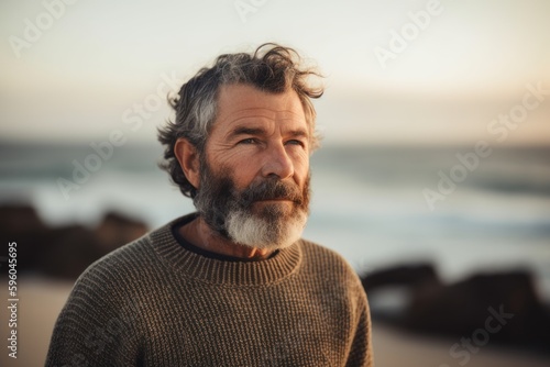 Portrait of a handsome mature man with beard on the beach at sunrise