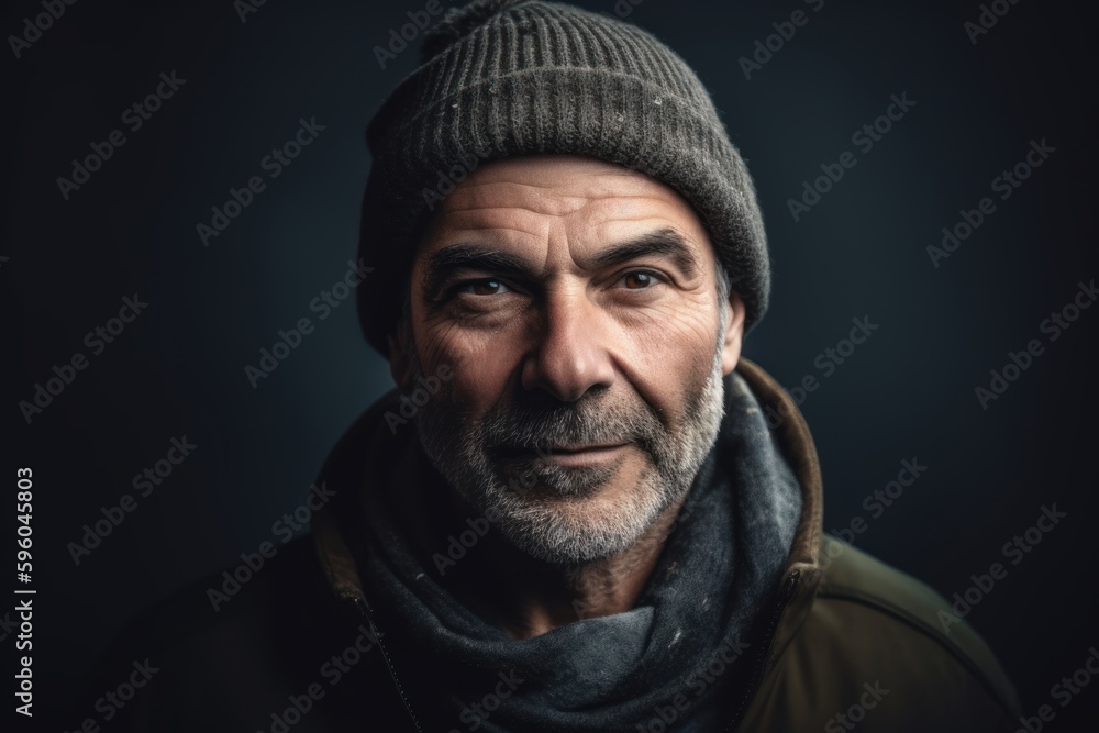 Portrait of an old man in a warm hat and scarf. Portrait of an old man in a warm hat and scarf.