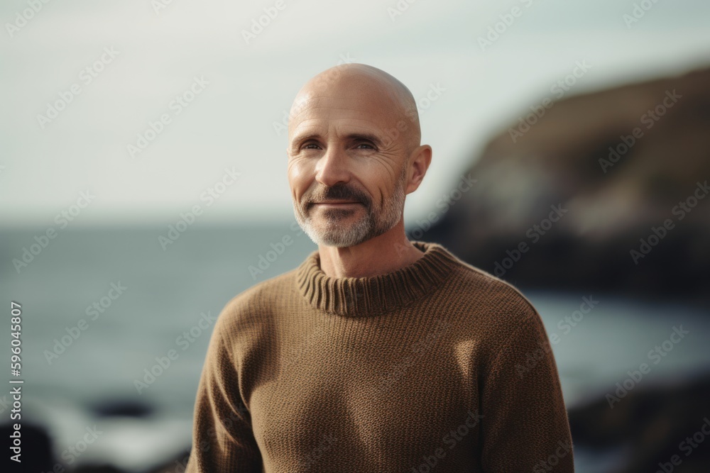 Portrait of a handsome middle-aged man with a beard in a knitted sweater on the seashore Portrait of a handsome middle-aged man with a beard in a knitted sweater on the seashore