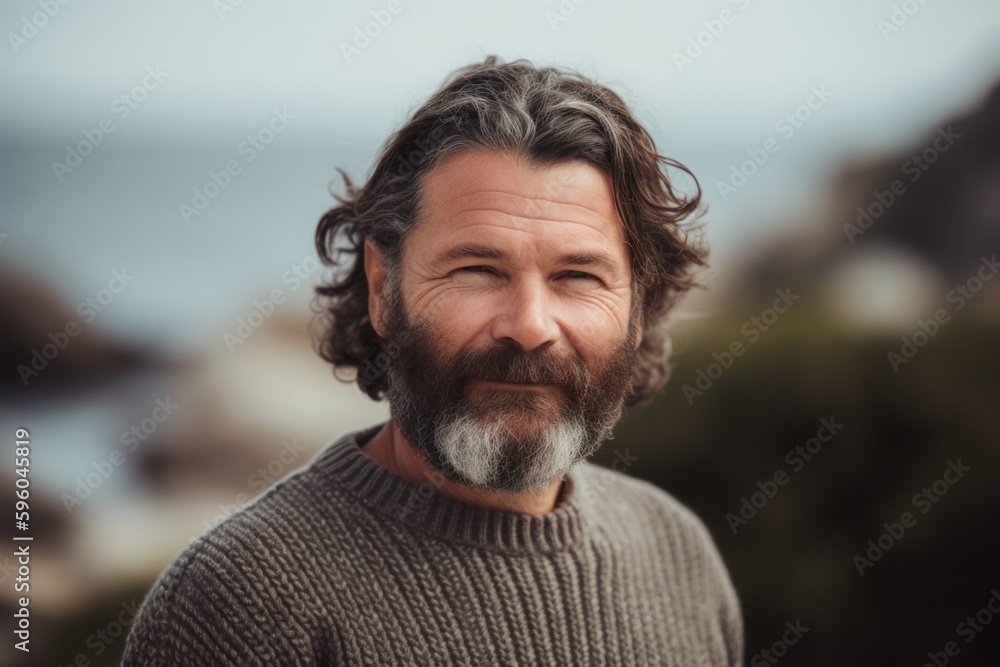 Portrait of a handsome middle-aged man with long gray hair and beard, wearing a grey sweater, standing by the sea Portrait of a handsome middle-aged man with long gray hair and beard, wearing a grey sweater, standing by the sea