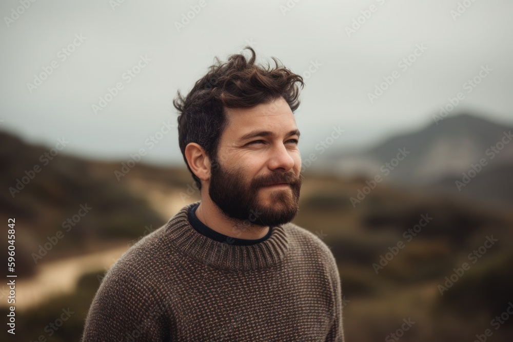 Handsome bearded man in a warm sweater on a background of mountains Handsome bearded man in a warm sweater on a background of mountains