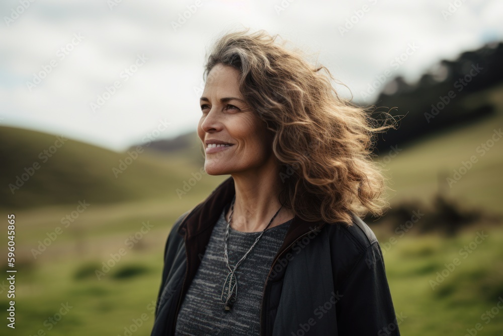 Portrait of a beautiful middle aged woman with curly hair in the countryside Portrait of a beautiful middle aged woman with curly hair in the countryside