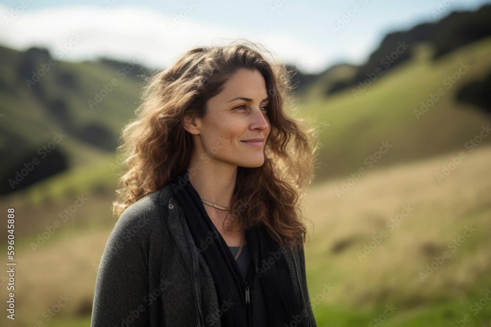 Portrait of a beautiful young woman with curly hair in the countryside Portrait of a beautiful young woman with curly hair in the countryside
