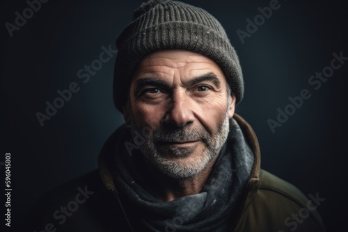 Portrait of an old man in a warm hat and scarf.