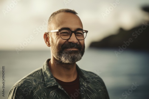 Portrait of a handsome bearded man wearing glasses and jacket standing on the beach