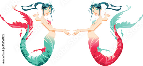 Two mermaids - cartoon and vector mythologycal characters